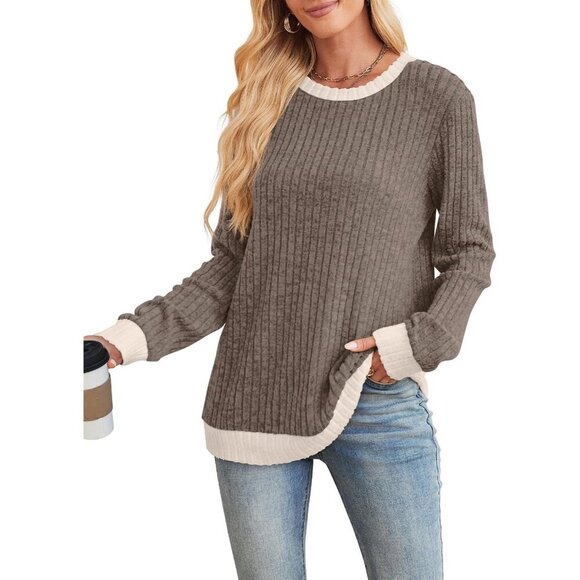 Womens Long Sleeve Tops Color Block Lightweight Sweaters Loose Fit Crewneck Fall - Picture 2 of 5